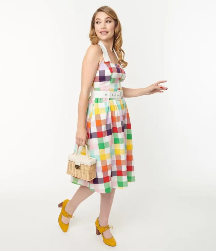 Collectif Rainbow Checkered Halter Waverly Swing Dress Dresses Unique Vintage Pocket Dresses