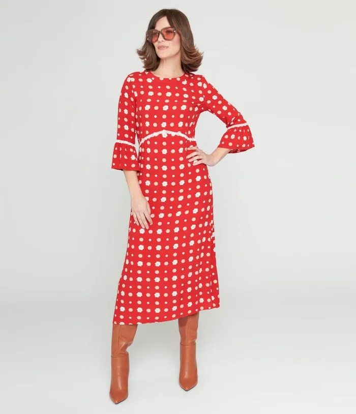 Collectif Red and White Poppy Print Midi Dress Dresses Unique Vintage Midi