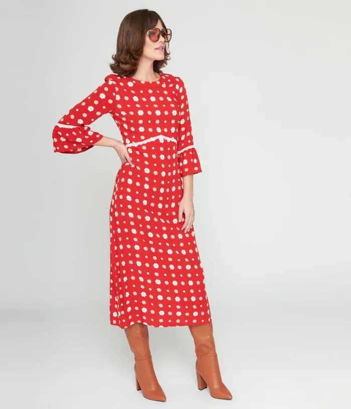 Collectif Red and White Poppy Print Midi Dress Dresses Unique Vintage Midi