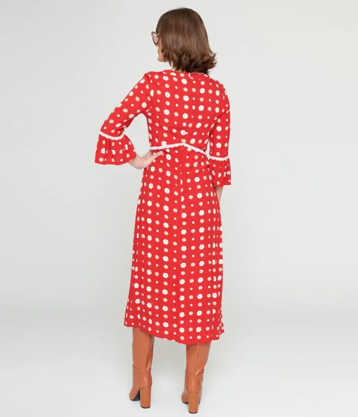 Collectif Red and White Poppy Print Midi Dress Dresses Unique Vintage Midi