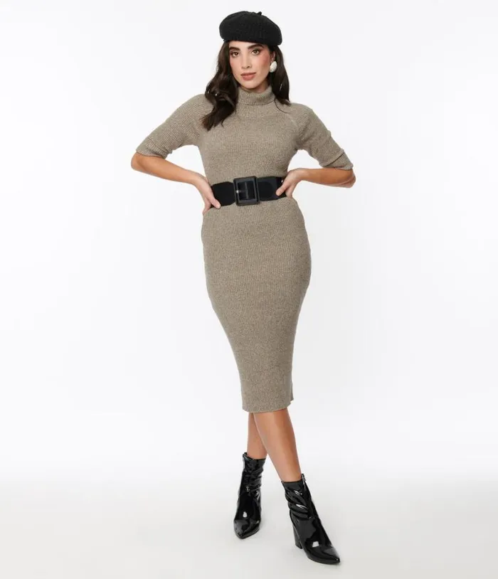 Collectif Taupe Marl Knit Midi Bodycon Dress DressesPlus Unique Vintage Midi