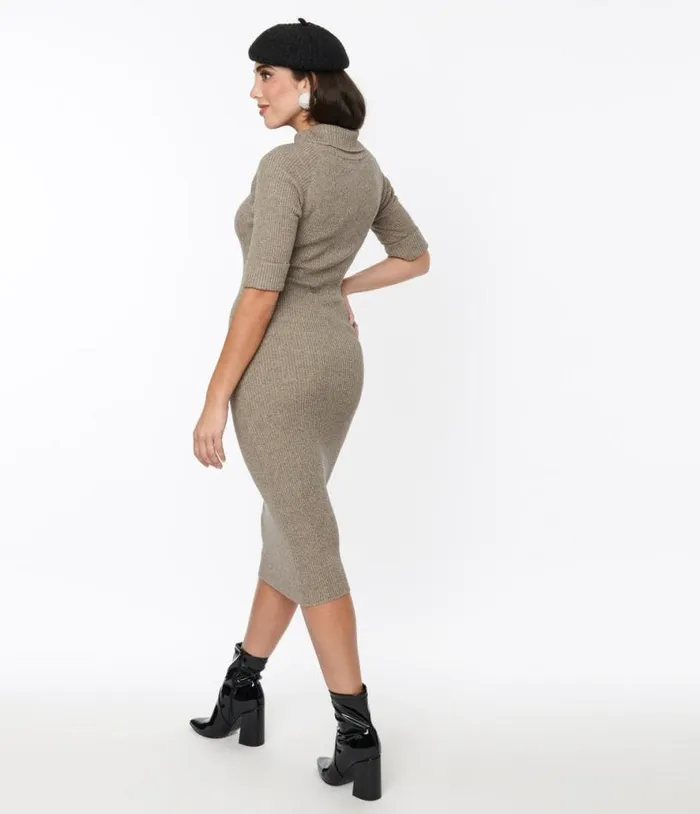 Collectif Taupe Marl Knit Midi Bodycon Dress DressesPlus Unique Vintage Midi