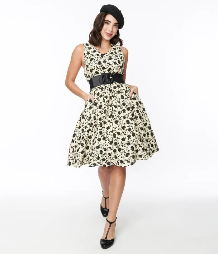 Cream and Black Floral Swing Dress Dresses Unique Vintage Pocket Dresses