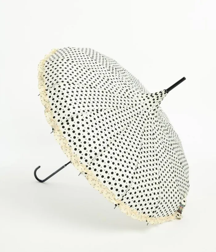 Cream and Black Sparkle Dot Frilled Pagoda Umbrella Accessories Unique Vintage Umbrellas Cream and Black Sparkle Dot Frilled Pagoda Umbrella Accessories Unique Vintage Umbrellas