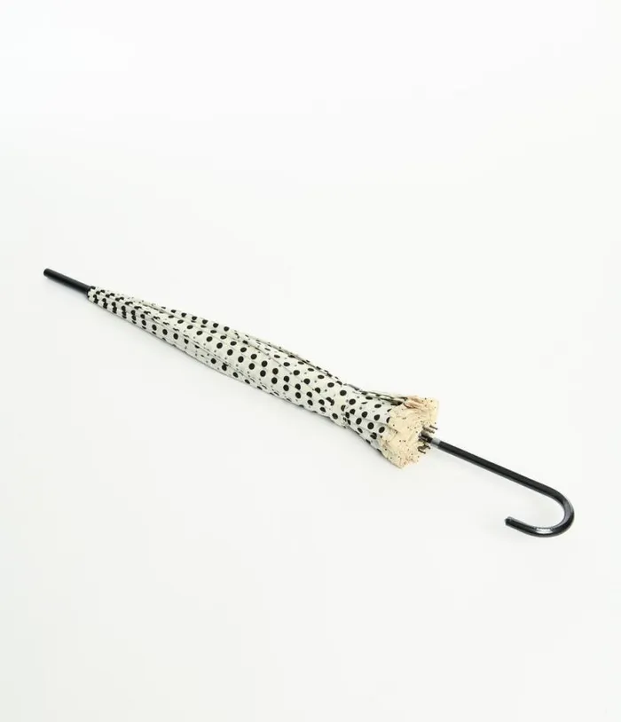 Cream and Black Sparkle Dot Frilled Pagoda Umbrella Accessories Unique Vintage Umbrellas