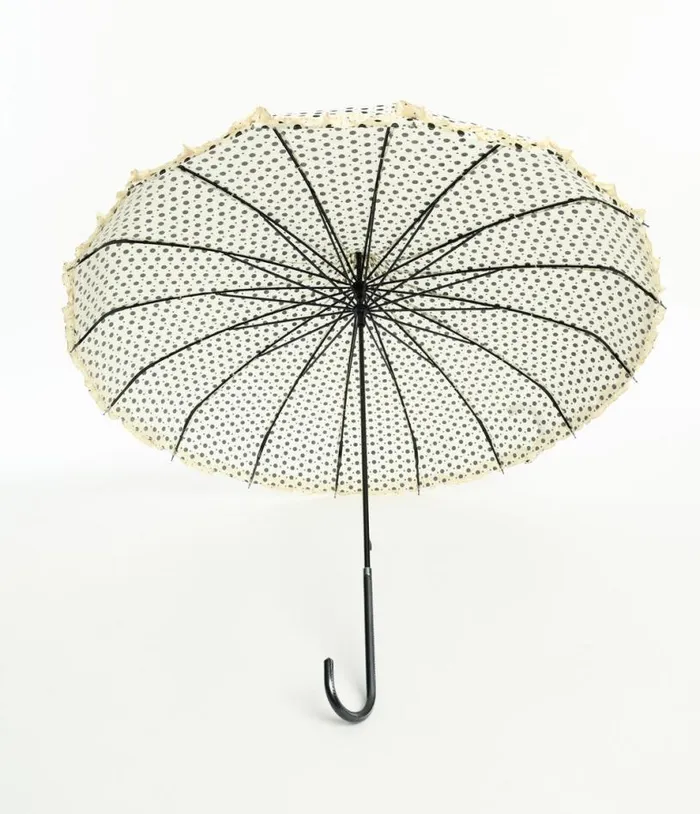 Cream and Black Sparkle Dot Frilled Pagoda Umbrella Accessories Unique Vintage Umbrellas