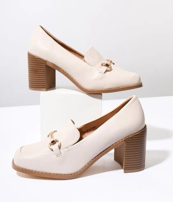Cream Leatherette Block Heel Loafers Shoes Unique Vintage Heels