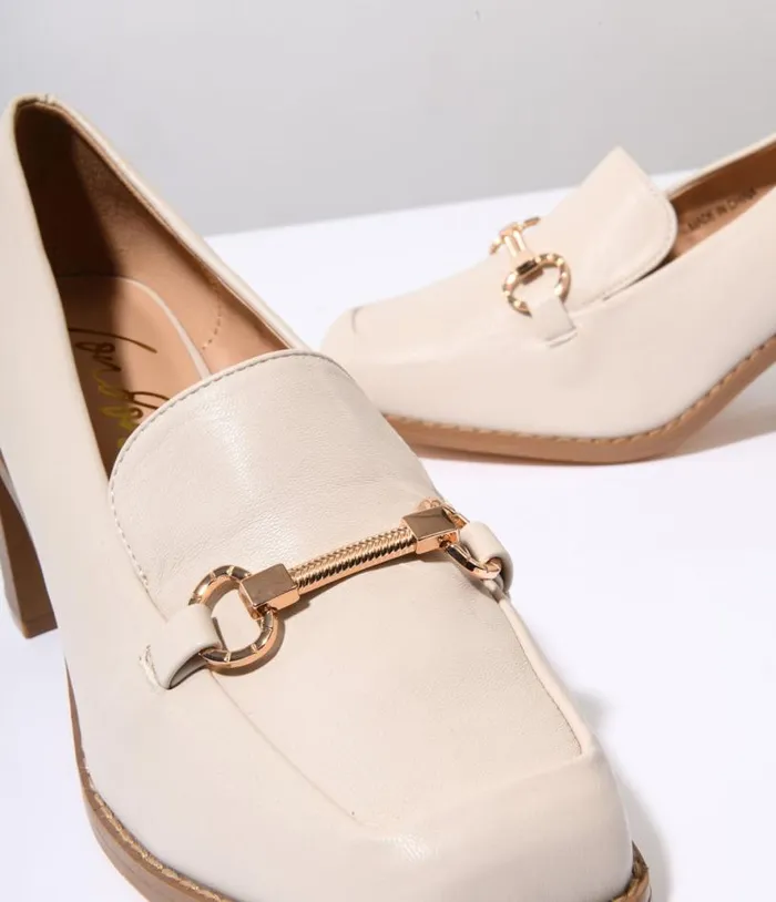 Cream Leatherette Block Heel Loafers Shoes Unique Vintage Heels