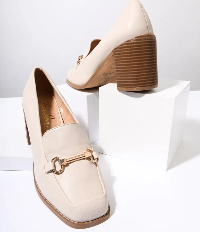 Cream Leatherette Block Heel Loafers Shoes Unique Vintage Heels