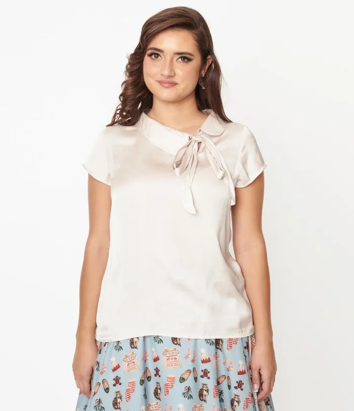 Cream Satin Bow Blouse Clothing Unique Vintage Blouses