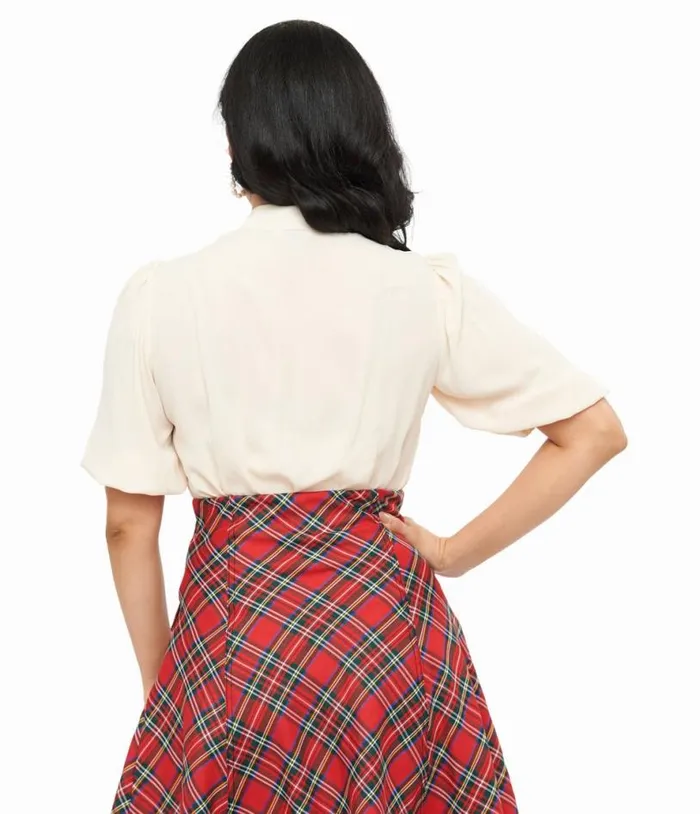 Cream Short Sleeve Neck Tie Gwen Blouse Clothing Unique Vintage Blouses