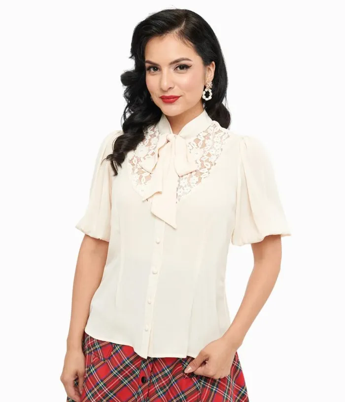 Cream Short Sleeve Neck Tie Gwen Blouse Clothing Unique Vintage Blouses