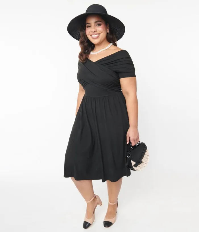 Curve Black Shirred Swing Dress DressesPlus Unique Vintage Pocket Dresses