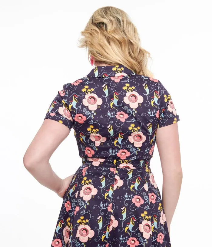 Dark Blue Carnivorous Plants Print Collared Top ClothingHalloween Unique Vintage Tops