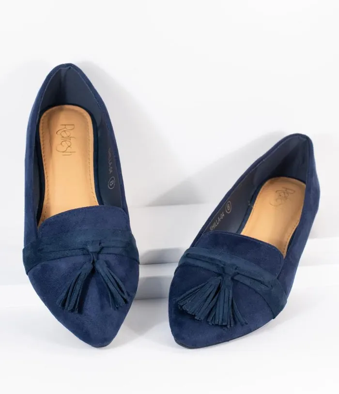Dark Navy Blue Suede Tassel Loafer Shoes Unique Vintage Flats