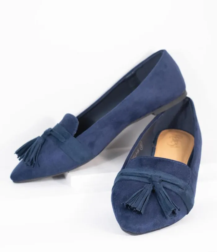 Dark Navy Blue Suede Tassel Loafer Shoes Unique Vintage Flats