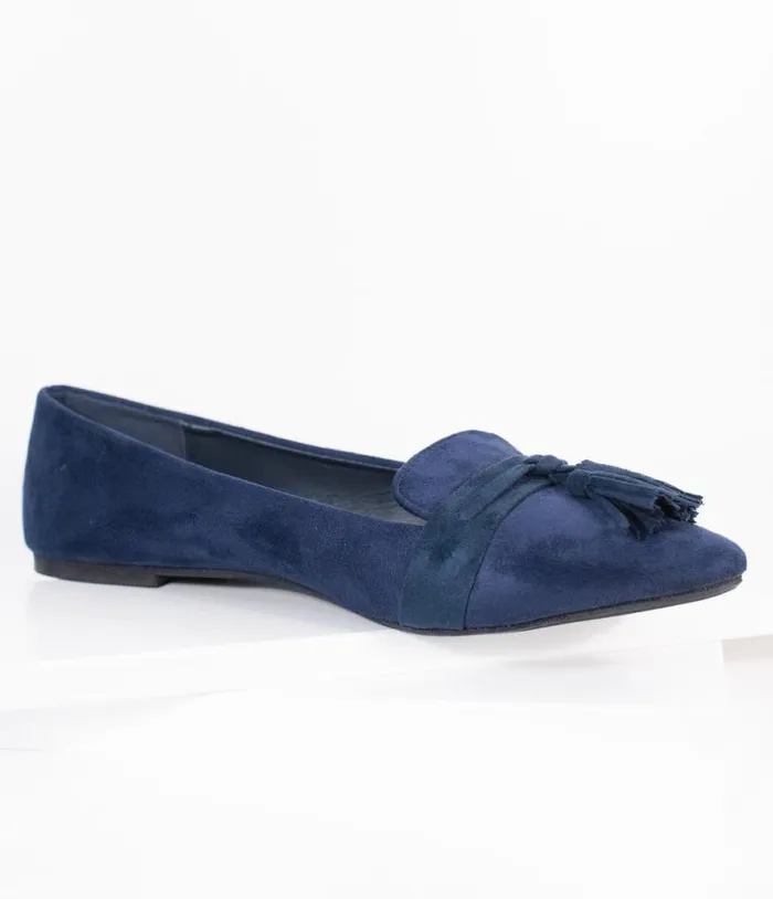 Dark Navy Blue Suede Tassel Loafer Shoes Unique Vintage Flats