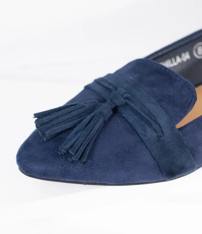 Dark Navy Blue Suede Tassel Loafer Shoes Unique Vintage Flats