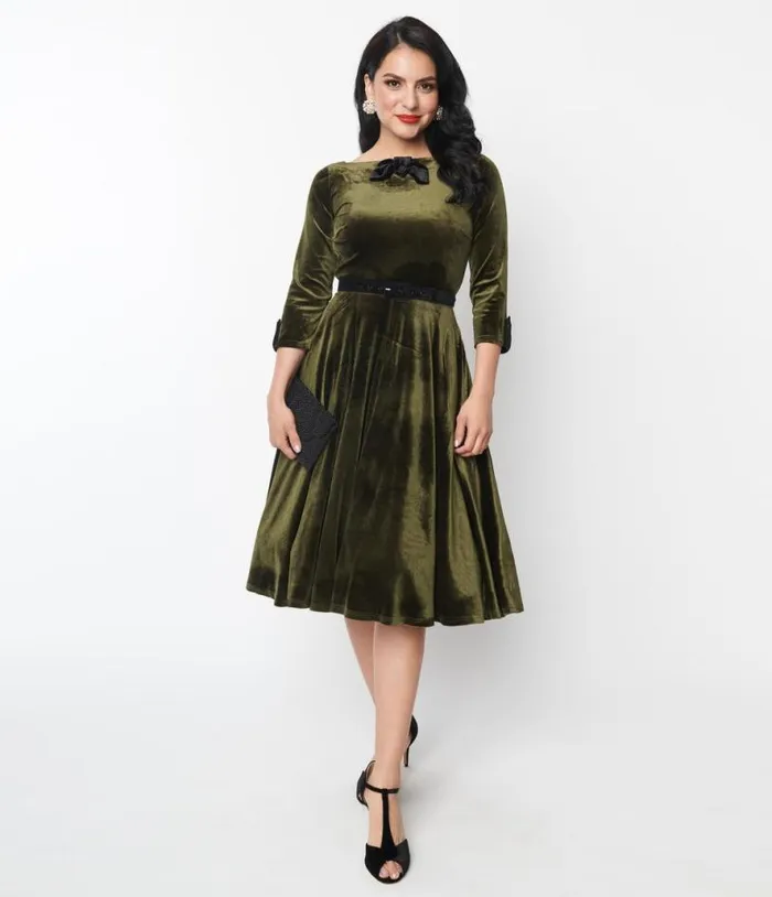 Deep Olive Green Velvet Faux Bow Devon Swing Dress DressesPlus Unique Vintage Pocket Dresses Deep Olive Green Velvet Faux Bow Devon Swing Dress DressesPlus Unique Vintage Pocket Dresses