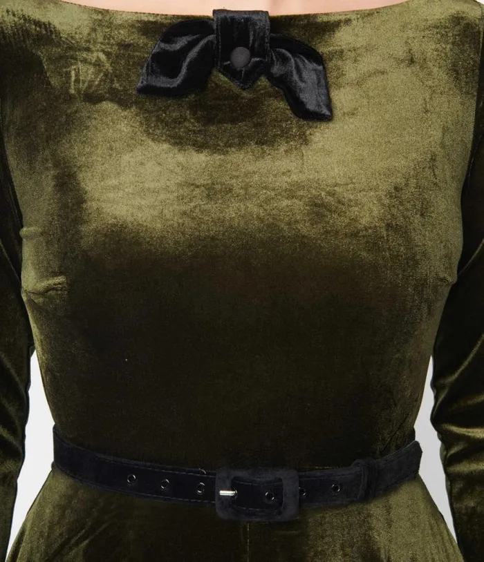 Deep Olive Green Velvet Faux Bow Devon Swing Dress DressesPlus Unique Vintage Pocket Dresses