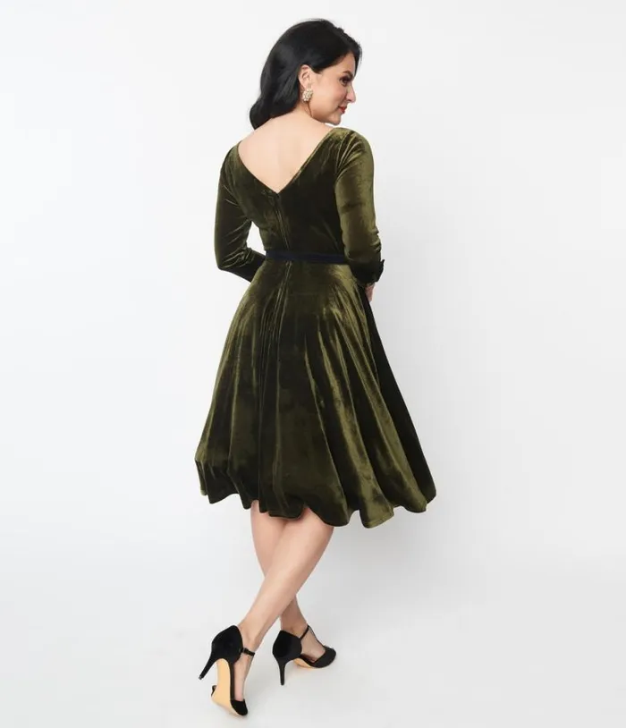 Deep Olive Green Velvet Faux Bow Devon Swing Dress DressesPlus Unique Vintage Pocket Dresses