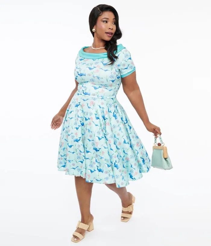 Dolly and Dotty 1950s Baby Blue Whale Print Darlene Swing Dress DressesPlus Unique Vintage Swing Dolly and Dotty 1950s Baby Blue Whale Print Darlene Swing Dress DressesPlus Unique Vintage Swing