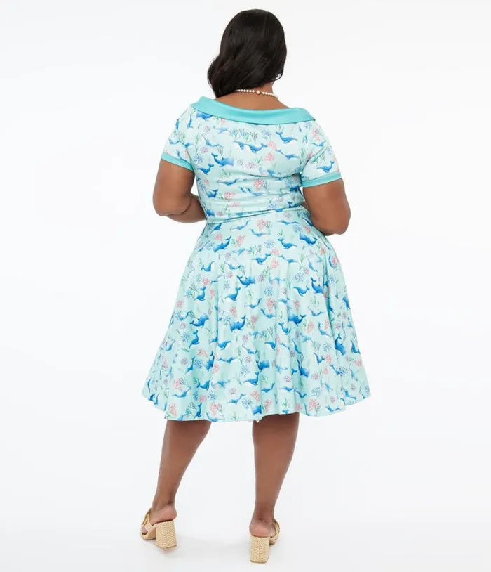 Dolly and Dotty 1950s Baby Blue Whale Print Darlene Swing Dress DressesPlus Unique Vintage Swing