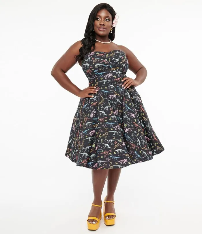 Dolly and Dotty 1950s Black and Rainbow Fossil Print Strapless Cotton Swing Dress DressesPlus Unique Vintage Pocket Dresses Dolly and Dotty 1950s Black and Rainbow Fossil Print Strapless Cotton Swing Dress DressesPlus Unique Vintage Pocket Dresses