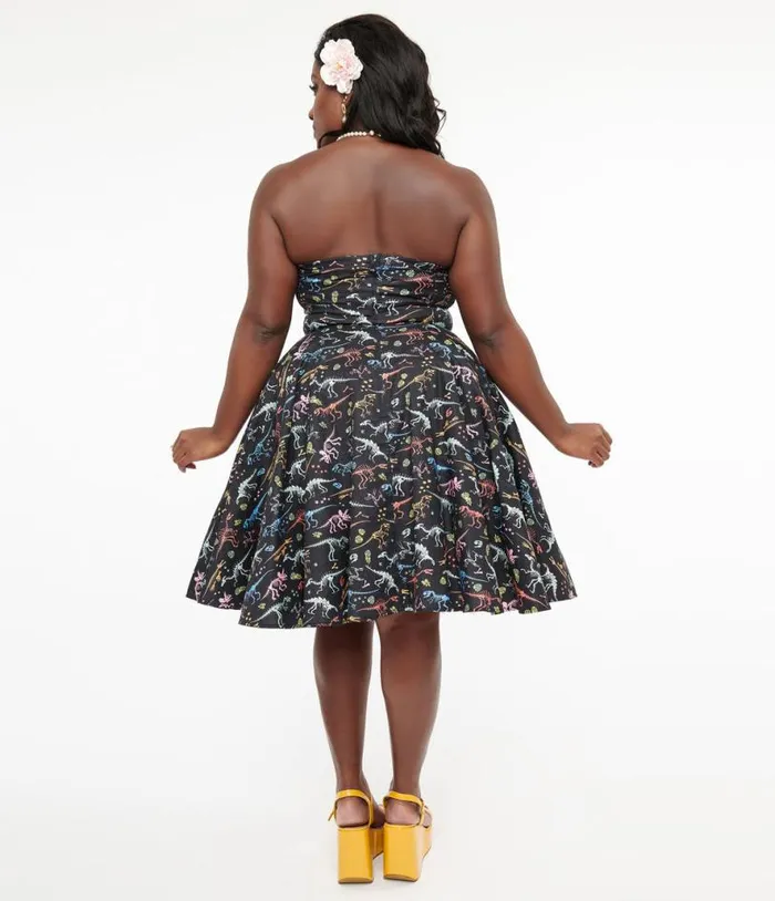 Dolly and Dotty 1950s Black and Rainbow Fossil Print Strapless Cotton Swing Dress DressesPlus Unique Vintage Pocket Dresses