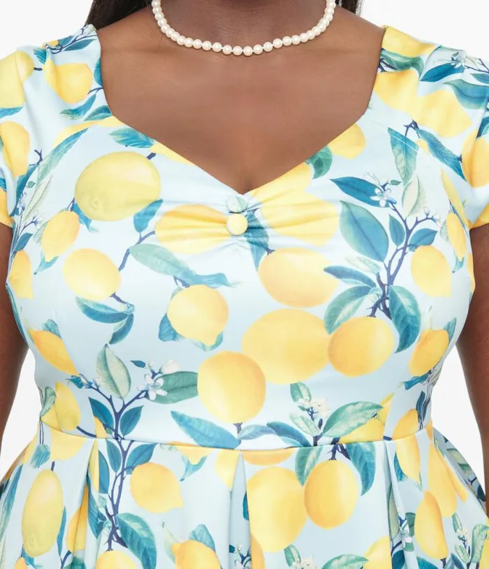 Dolly and Dotty 1950s Blue and Yellow Lemon Off The Shoulder Lily Swing Dress DressesPlus Unique Vintage Pocket Dresses