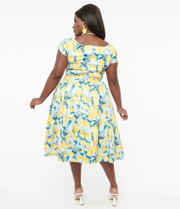 Dolly and Dotty 1950s Blue and Yellow Lemon Off The Shoulder Lily Swing Dress DressesPlus Unique Vintage Pocket Dresses