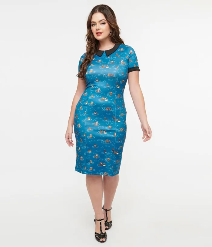 Dolly and Dotty 1950s Blue Otter Print Toni Wiggle Dress DressesPlus Unique Vintage Pencil Dolly and Dotty 1950s Blue Otter Print Toni Wiggle Dress DressesPlus Unique Vintage Pencil