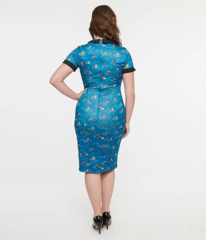Dolly and Dotty 1950s Blue Otter Print Toni Wiggle Dress DressesPlus Unique Vintage Pencil