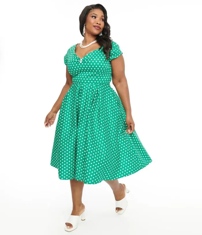 Dolly and Dotty 1950s Green and White Polka Dot Off The Shoulder Lily Swing Dress DressesPlus Unique Vintage Pocket Dresses Dolly and Dotty 1950s Green and White Polka Dot Off The Shoulder Lily Swing Dress DressesPlus Unique Vintage Pocket Dresses