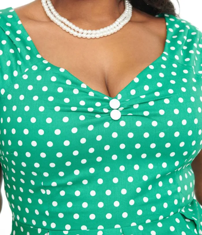 Dolly and Dotty 1950s Green and White Polka Dot Off The Shoulder Lily Swing Dress DressesPlus Unique Vintage Pocket Dresses