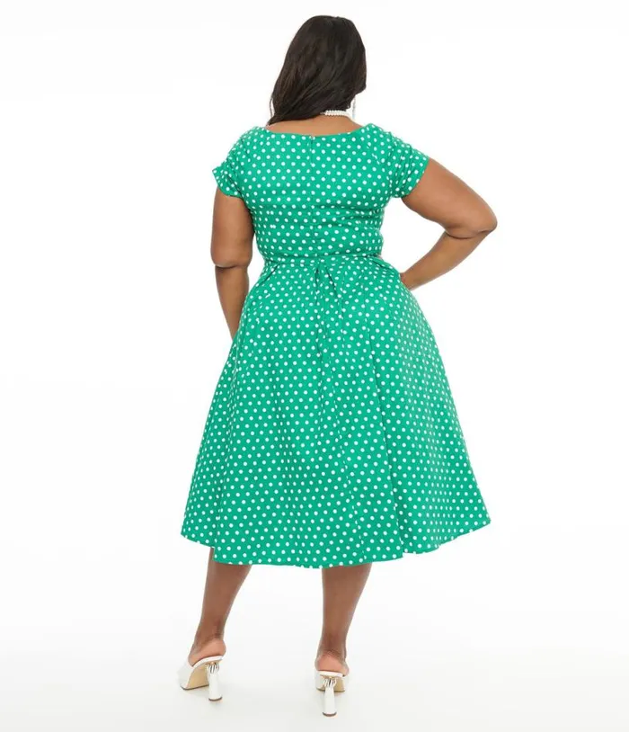Dolly and Dotty 1950s Green and White Polka Dot Off The Shoulder Lily Swing Dress DressesPlus Unique Vintage Pocket Dresses