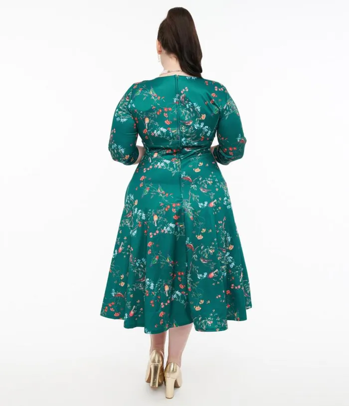 Dolly and Dotty 1950s Green Bird Print Swing Dress Dresses Unique Vintage Pocket Dresses