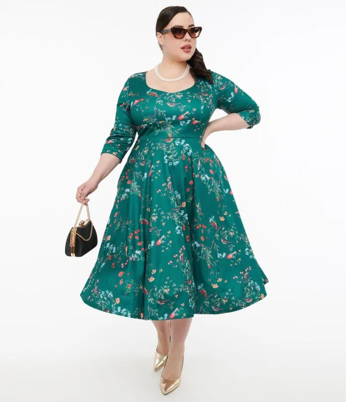 Dolly and Dotty 1950s Green Bird Print Swing Dress Dresses Unique Vintage Pocket Dresses