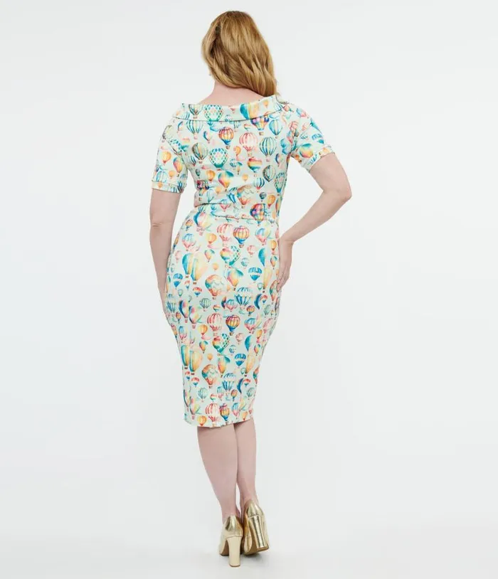 Dolly and Dotty 1950s Light Blue Hot Air Balloon Valerie Wiggle Dress DressesPlus Unique Vintage Pencil