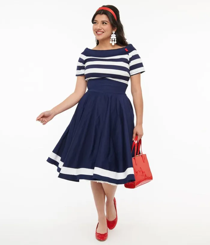 Dolly and Dotty 1950s Navy and White Striped Sailor Swing Dress Dresses Unique Vintage Swing Dolly and Dotty 1950s Navy and White Striped Sailor Swing Dress Dresses Unique Vintage Swing