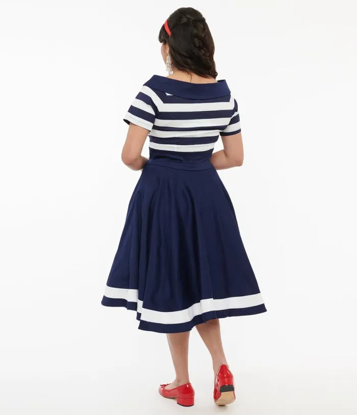 Dolly and Dotty 1950s Navy and White Striped Sailor Swing Dress Dresses Unique Vintage Swing