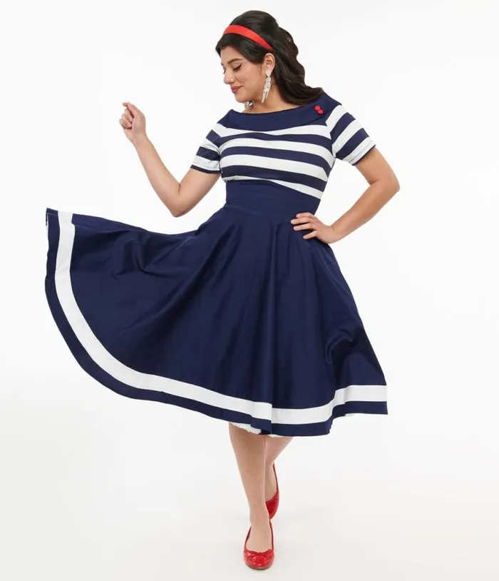 Dolly and Dotty 1950s Navy and White Striped Sailor Swing Dress Dresses Unique Vintage Swing