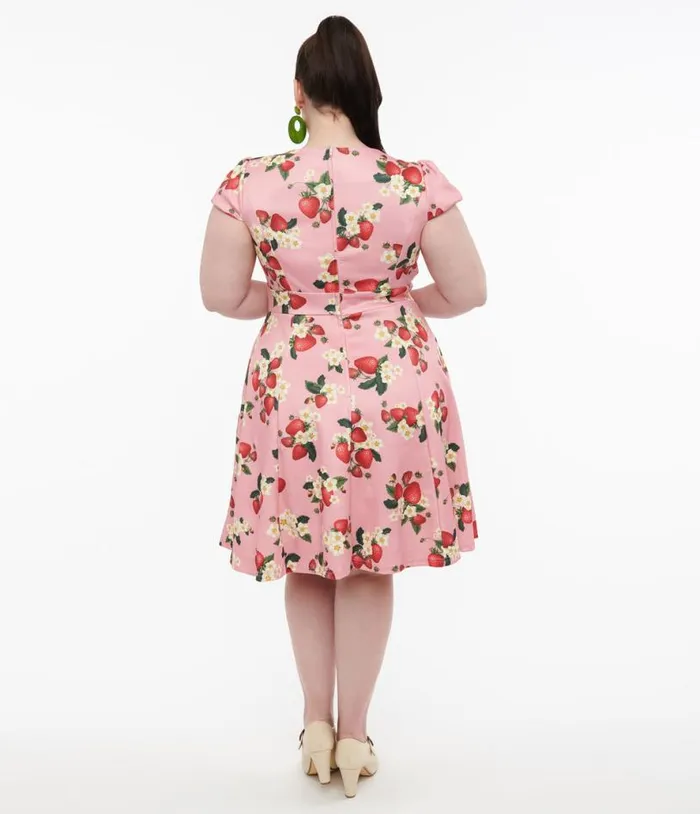 Dolly and Dotty 1950s Pink Strawberry Print Claudia Swing Dress DressesPlus Unique Vintage Swing