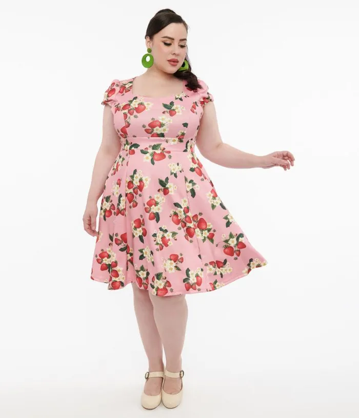 Dolly and Dotty 1950s Pink Strawberry Print Claudia Swing Dress DressesPlus Unique Vintage Swing