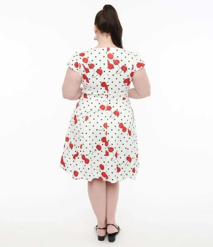 Dolly and Dotty 1950s White Polka Dot Cherry Swing Dress Dresses Unique Vintage Pocket Dresses