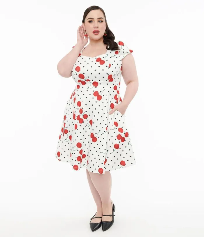 Dolly and Dotty 1950s White Polka Dot Cherry Swing Dress Dresses Unique Vintage Pocket Dresses