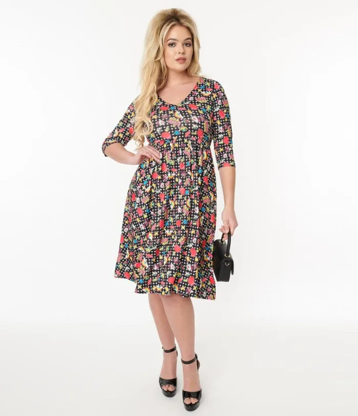 Dolly and Dotty Black and Rainbow Retro Print Flare Dress DressesPlus Unique Vintage Pocket Dresses Dolly and Dotty Black and Rainbow Retro Print Flare Dress DressesPlus Unique Vintage Pocket Dresses
