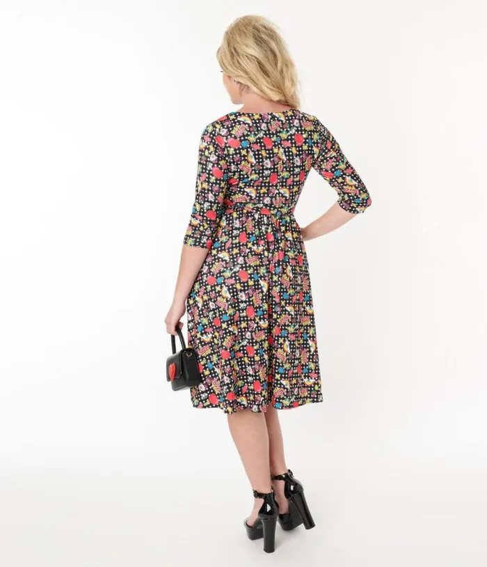 Dolly and Dotty Black and Rainbow Retro Print Flare Dress DressesPlus Unique Vintage Pocket Dresses