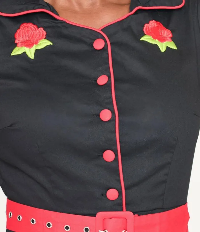 Dolly and Dotty Black and Red Trim Embroidered Sherry Swing Dress DressesPlus Unique Vintage Swing
