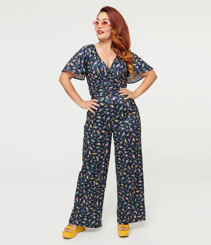 Dolly and Dotty Black Dinosaur and Rainbow Print Charlotte Jumpsuit Dresses Unique Vintage Pocket Dresses